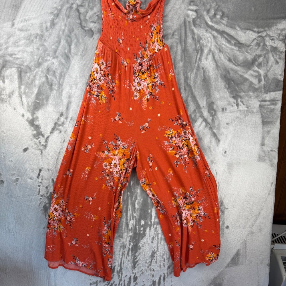 Altar'd State Orange Red Floral Wide Leg Raw Hem Romper‎ Jumpsuit Womens Sz S